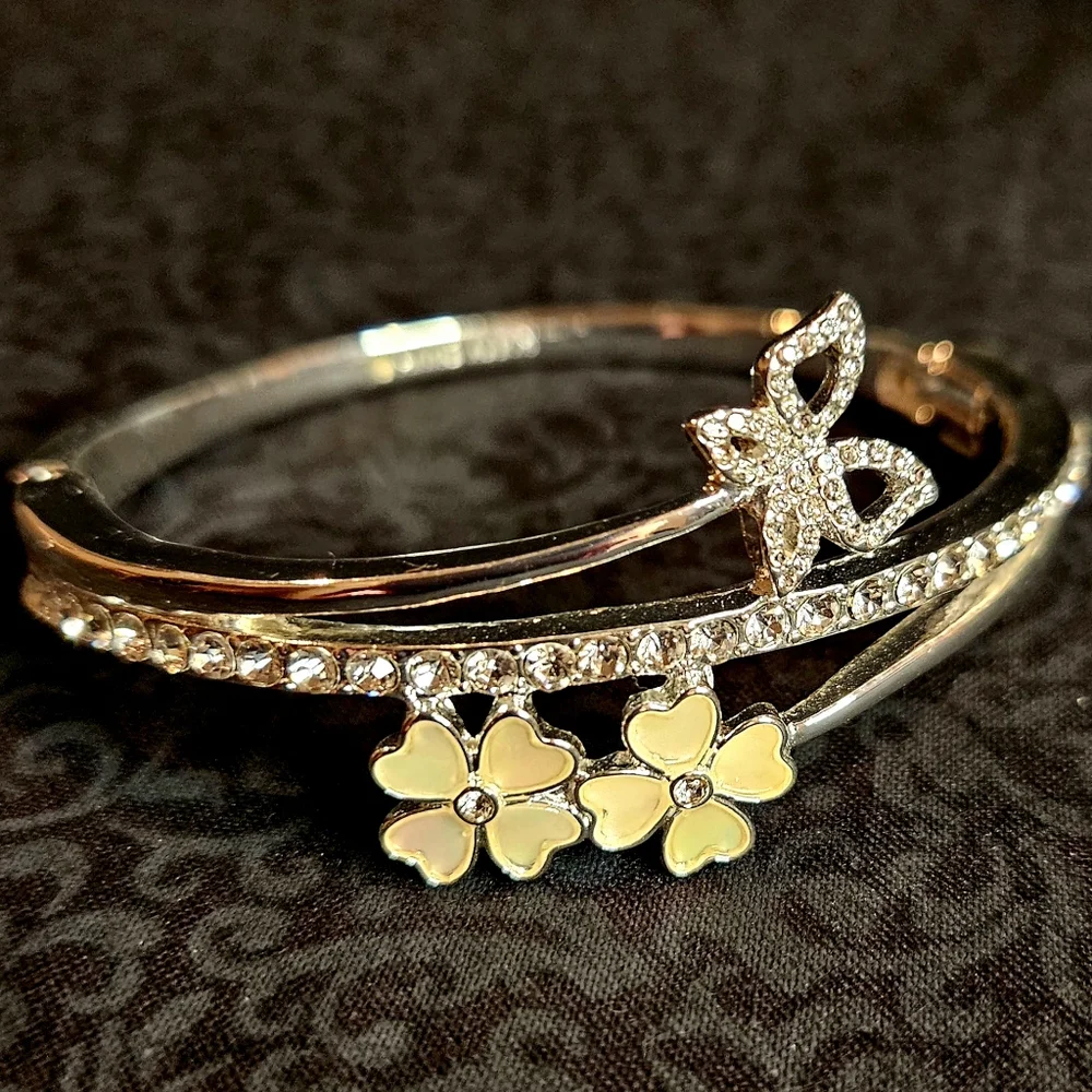 Anne Klein Silver Plated Bracelet with a Butterfly and Iridescent Flowers - Picture 3 of 5